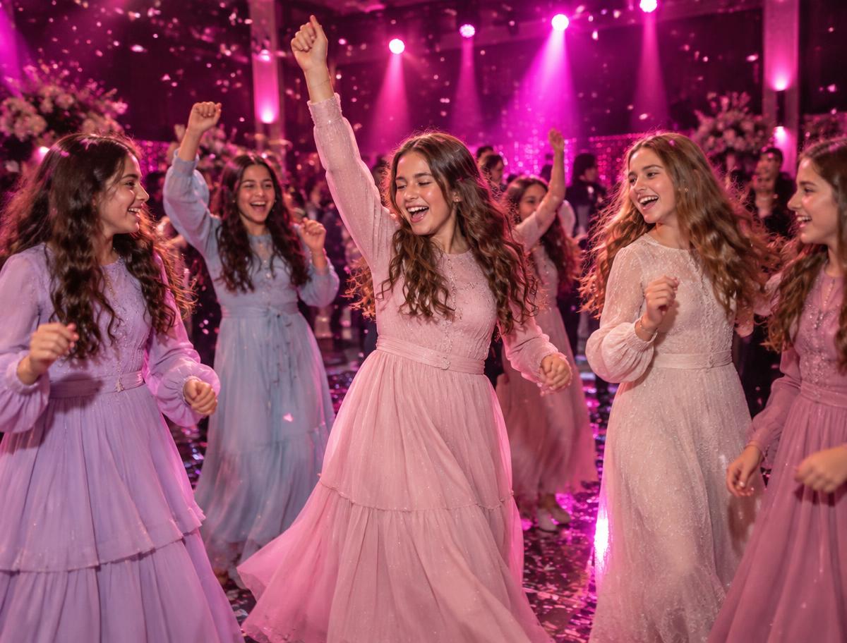 בנות צעירות בלבוש צנוע רוקדות וחוגגות באירוע עם תאורה ורודה וקונפטי
